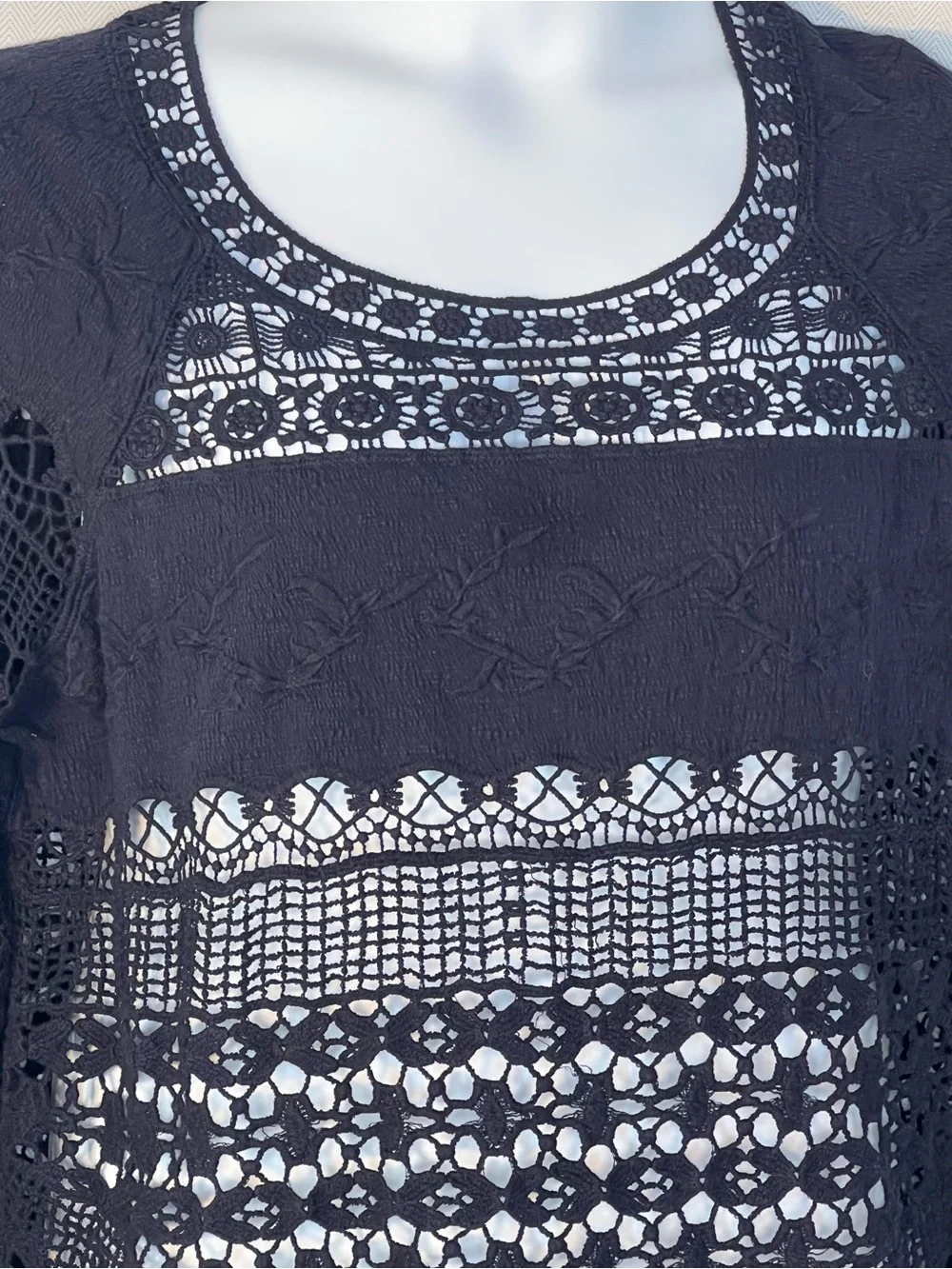 Anthropologie Deletta Crocheted Sweater Navy Long Sleeves Round Neck Boho L 👍